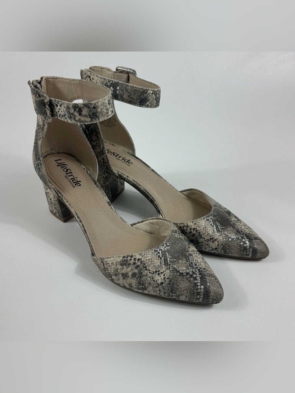 LifeStride Admire Snake Print Ankle Strap Block Heel Pumps Women’s 8.5M